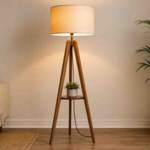 Wooden Tripod Floor Lamp With Shelf